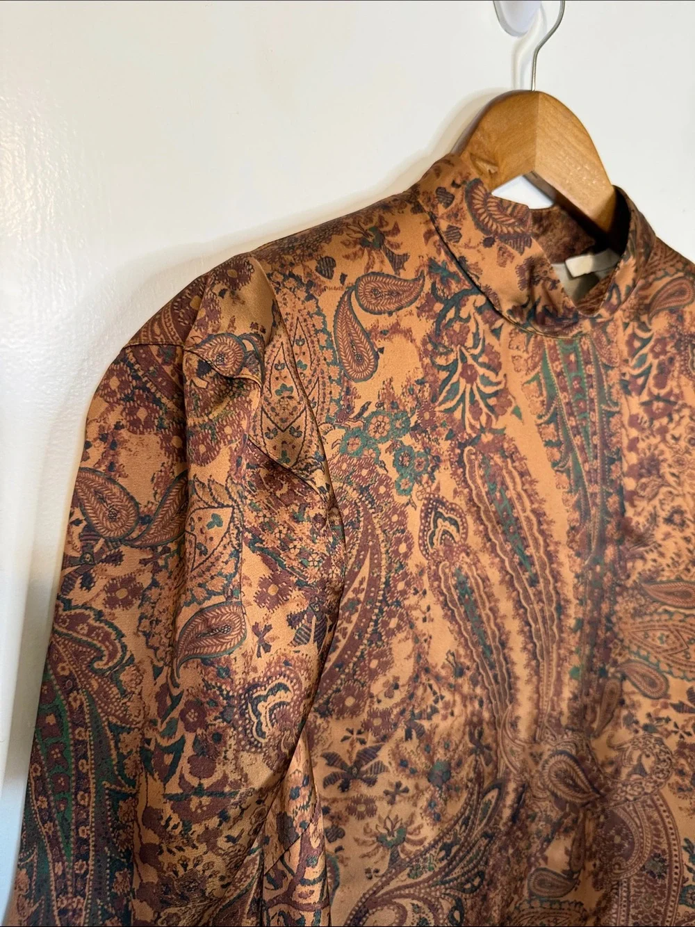 NWT H&M Puff Sleeve Blouse Paisley Brown Neutrals Maximalist Grandma Office S